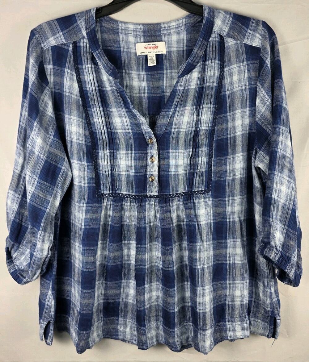 Wrangler Women's Blue & White Plaid V-Neck Blouse 3/4 Sleeve Size XL